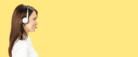 Call Center Service. Profile side portrait image of customer support or answer worker, sales agent....
