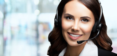 Call center. Face portrait of customer support phone advertiser sales operator in headset....