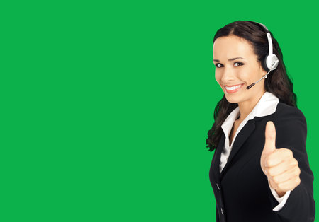 Call center service. Customer support phone sales operator in headset showing thumb up gesture, over...