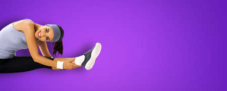Happy smiling african american woman in sportswear doing fit stretching exercise or youga moves, isolated on violet purple background. Young sporty model at studio. Fitness concept.の写真素材