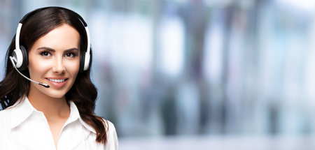 Call Center Service. Customer support or sale agent. Female caller or receptionist phone operator. Copy space for text or slogan. Help, answering and telemarketing concept.の写真素材