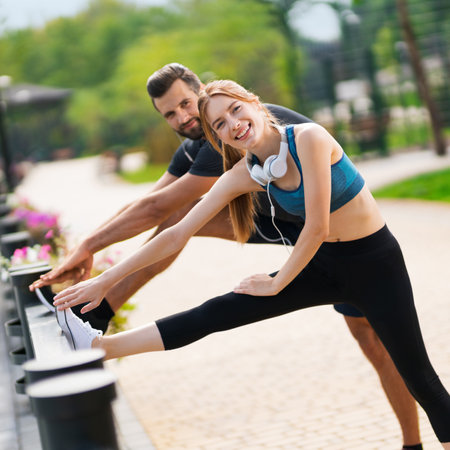 Square image of young smiling couple, woman training with man or bearded coach trainer, doing stretching exercise, before morning jogging, outdoors. Fitness, city workout, healthy lifestyle concept.の写真素材