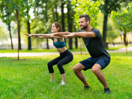 Image of young happy smiling couple, woman training with man or bearded coach trainer, doing squat fit exercise together, outdoors. Fitness, sport, city workout, crossfit, healthy lifestyle concept.の写真素材