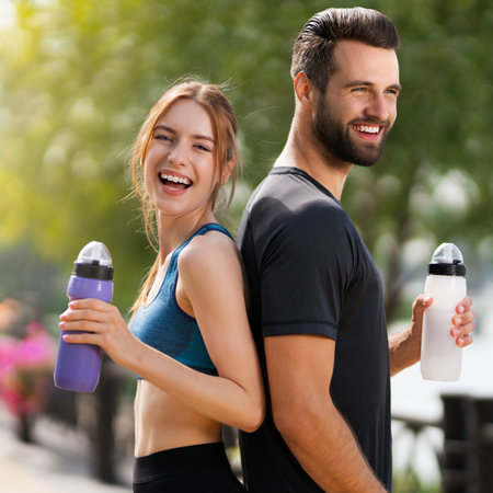 Square image of happy smiling, excited couple holding plastic water bottles, woman with man or bearded coach trainer, after successful training, outdoors. Fitness, sport, workout concept.の写真素材