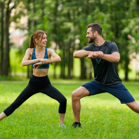 Square image - young smiling couple, woman training with man or bearded coach trainer, do squat fit exercise together, look at each other, outdoors. Fitness, sport, workout, healthy lifestyle concept.の写真素材