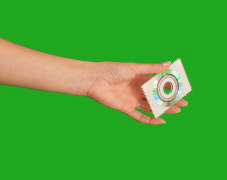 disks in the woman's hand as a device for storageの写真素材