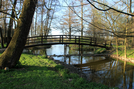 woden food bridge with streamの写真素材