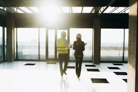 two architect engineers are walking in a constructed office building.の写真素材
