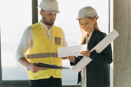 Contractor and architect looking at plan and talking about working on big project.