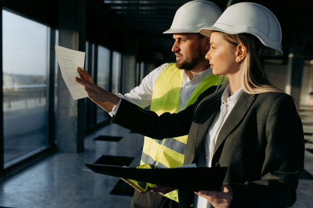 A business woman and an architect are talking about a project in an office interior