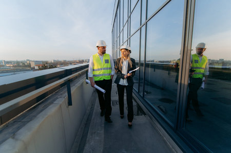 a conversation between two architects, investors inspecting a built office center.female and male...