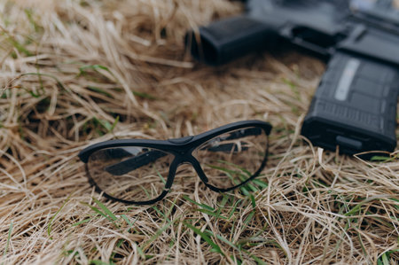 military goggles and a machine gun on the groundの写真素材