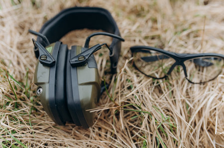 military safety glasses and sound-absorbing headphonesの写真素材