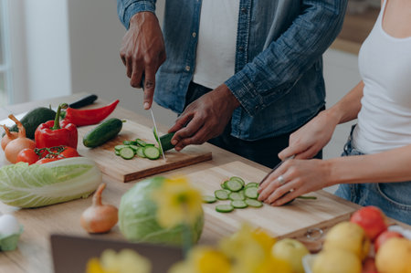 Close up of a cutting board with the hands of a couple cutting vegetables together in the kitchen. Vegetarian healthy foodの写真素材