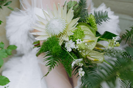 Bride holding the wedding bouquet, with succulent flowers, close-up. bride's bouquet in green tonesの写真素材