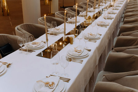 wedding luxury table setting crystal wine glass and gold forks and knives. Catering banquet. table...