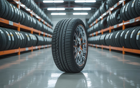 Car tires in a warehouse. Automotive industry. 3d renderingの素材