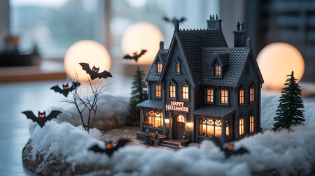 Halloween holiday concept. Miniature house and bats on the background of the window.の素材