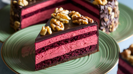 Piece of chocolate cake with raspberry and walnuts on green plateの素材