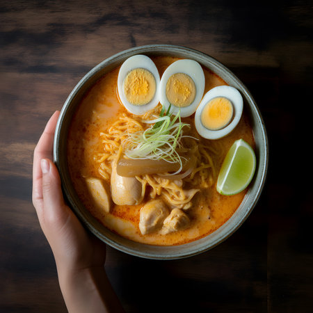 Rice noodle with chicken and egg in bowl on wood tableの素材