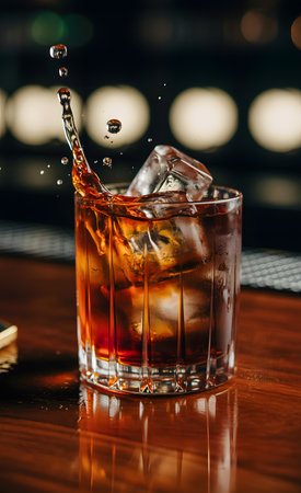 whiskey with ice cubes on a bar counter in a nightclubの素材