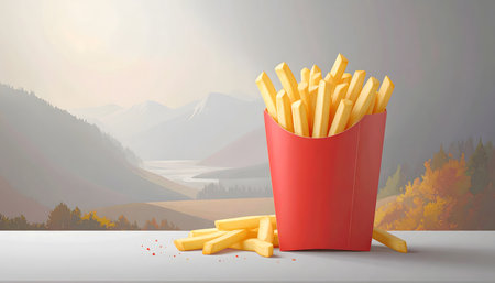 French fries in a red box on the table. Vector illustration.の素材