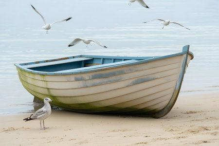 Fishing boat and seagulls on the sandy beach.の素材