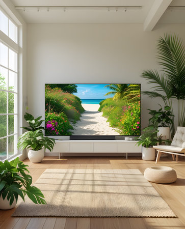 Tv in modern living room with sea view. 3d renderingの素材