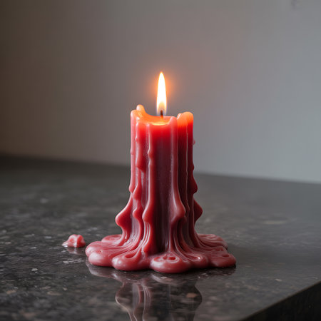 Burning red wax candle on a black marble table with copy spaceの素材