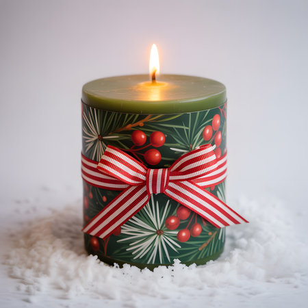 Christmas candle with red ribbon and snowflake decoration on white background.の素材