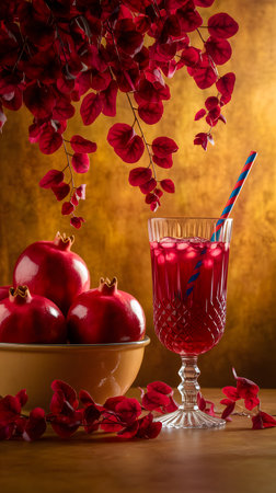Red pomegranate juice in a glass on a wooden backgroundの素材