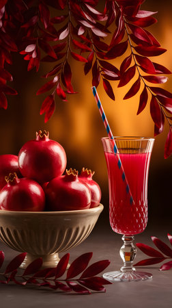 Pomegranate juice in a glass on a wooden background.の素材