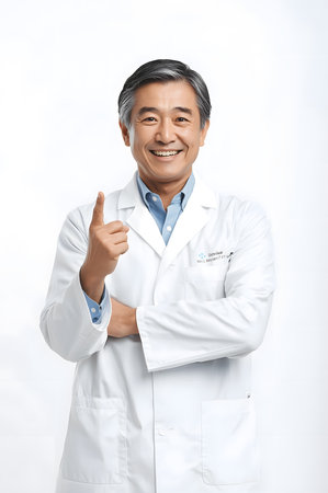 Portrait of a smiling mature asian doctor showing thumbs up gestureの素材