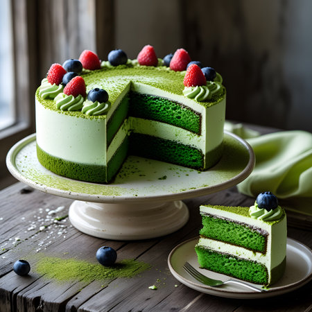 Green tea cake with fresh berries on a wooden background. Selective focus.の素材