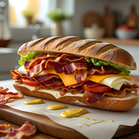 sandwich with bacon, cheese, tomato and lettuce on wooden boardの素材