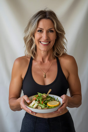 A gorgeous blonde model poses with a bowl of salad in a studio environmentの素材
