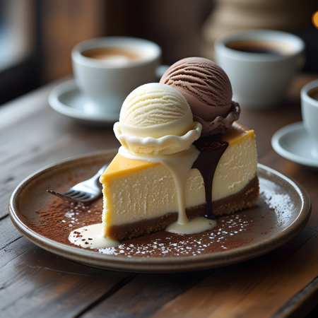 Vanilla cheesecake with vanilla ice cream and chocolate sauce on wooden tableの素材