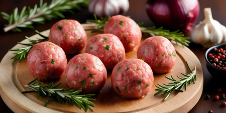 Raw meatballs on a wooden board with rosemary, garlic and pepperの素材
