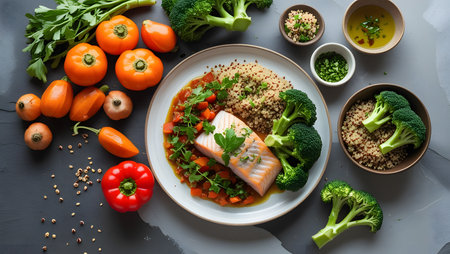 Salmon fillet with quinoa and fresh vegetables on the tableの素材