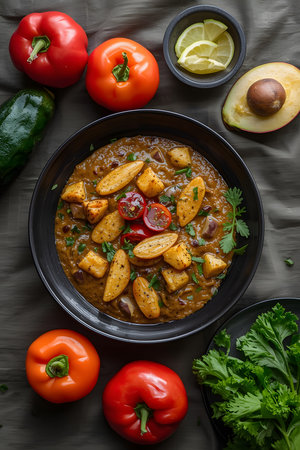 Traditional Indian curry with potatoes and tomatoes in a bowl on a dark backgroundの素材