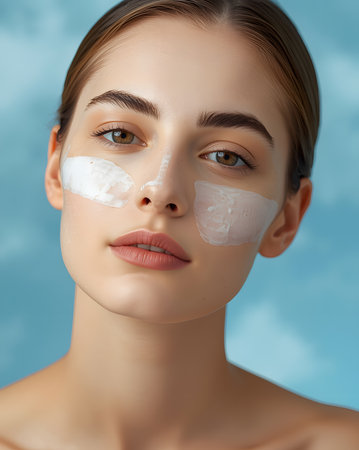 Beautiful young woman with cream on her face. Skincare concept.の素材
