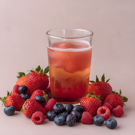 Glass of strawberry and blueberry juice with fresh berries on pink backgroundの素材