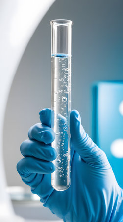 Laboratory glassware with liquid in hand of scientist, closeupの素材