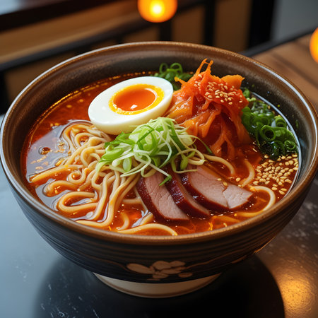 japanese miso ramen noodle soup with pork and eggの素材