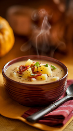 Pumpkin soup with smoked bacon in a bowl on wooden backgroundの素材