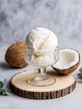 Coconut ice cream in a glass cup on a white backgroundの素材