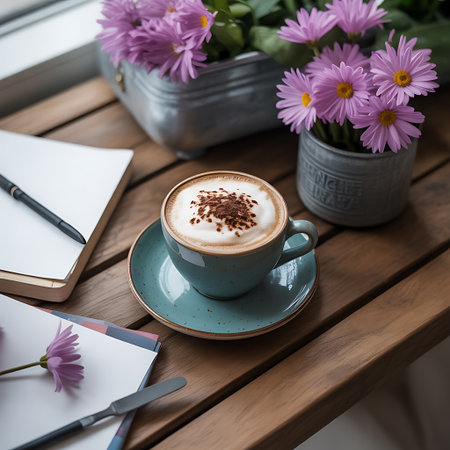 Cup of coffee on the table with notebook, pen and flowersの素材