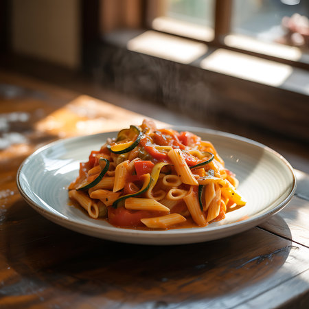 Penne pasta with tomato sauce and zucchini, selective focusの素材