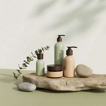 3d render of cosmetic bottles and eucalyptus leavesの素材