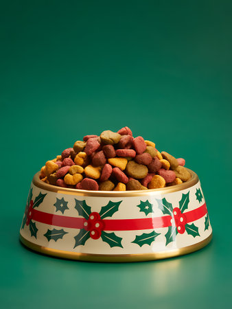Dog food in a bowl on a green background. Selective focus.の素材
